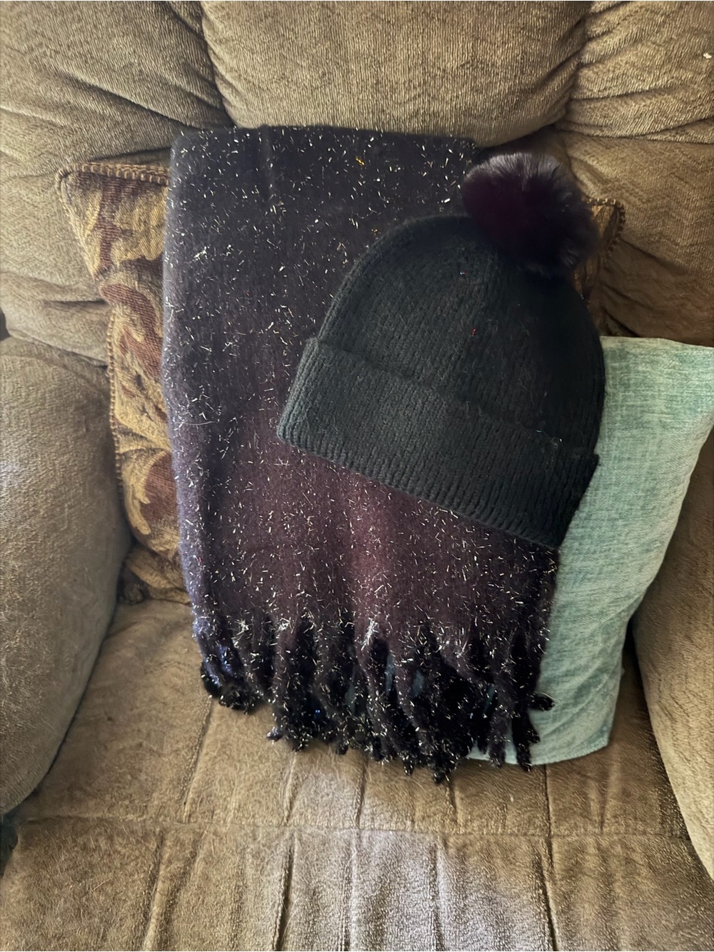 Black Pom-Pom Beanie and Matching Black Fringe Scarf Set
